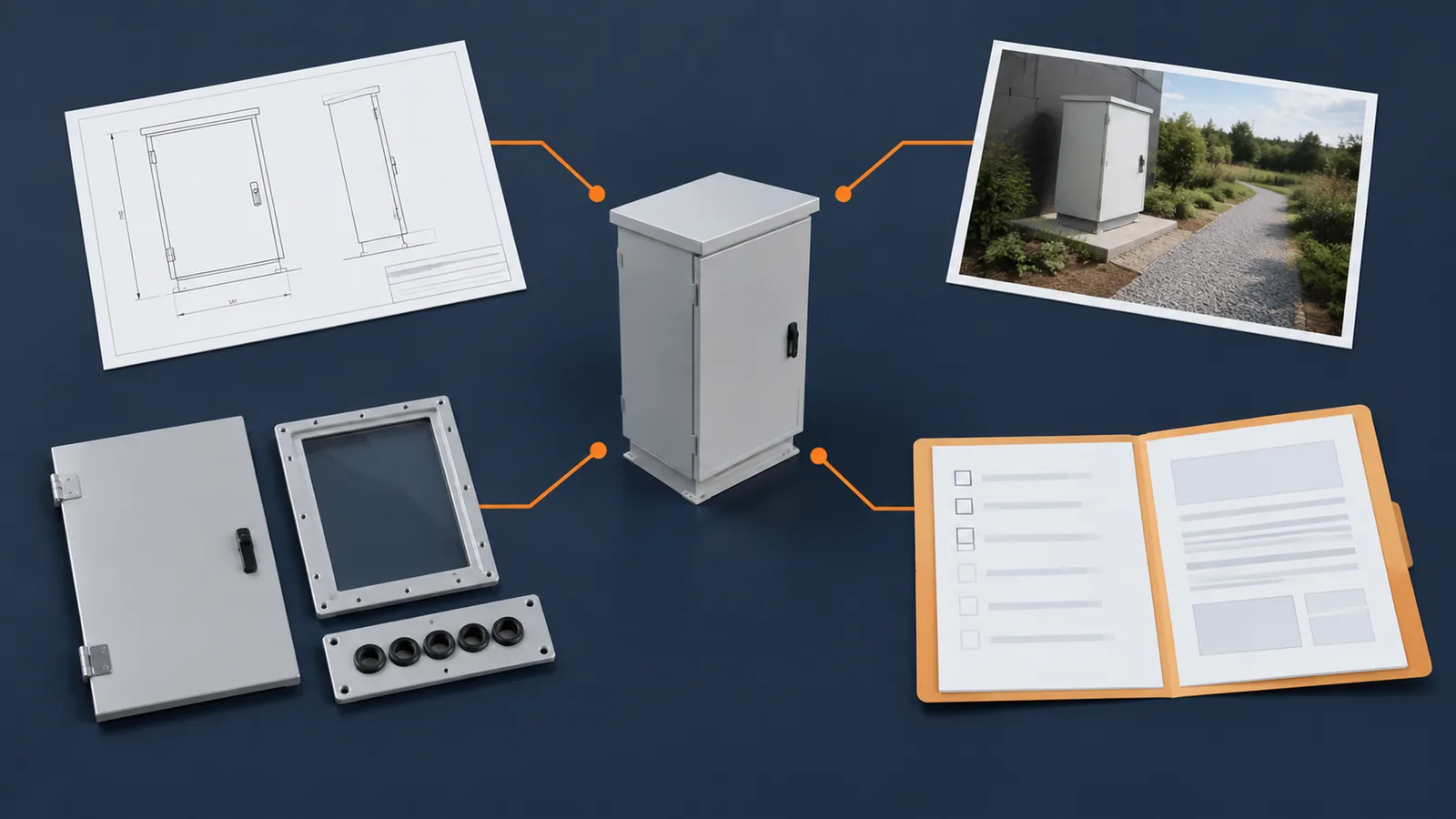 Concept RFQ package with a cabinet, configuration drawing, illustrative site photograph, door accessories and a blank checklist.