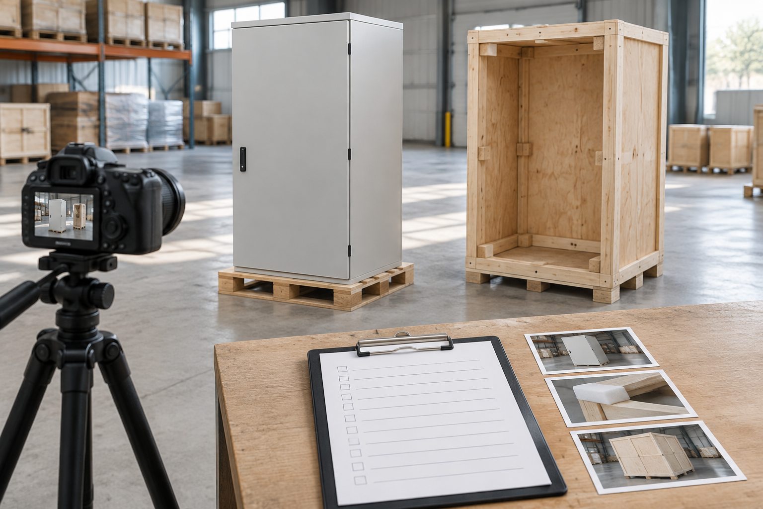 Camera documenting cabinet packaging with blank dispatch checklist