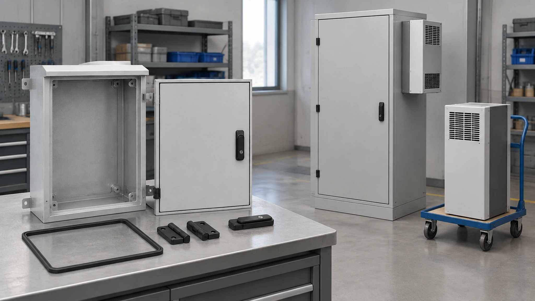 Model-matched enclosure cover, gasket, hinge, and latch beside a separate cooling-unit service arrangement.
