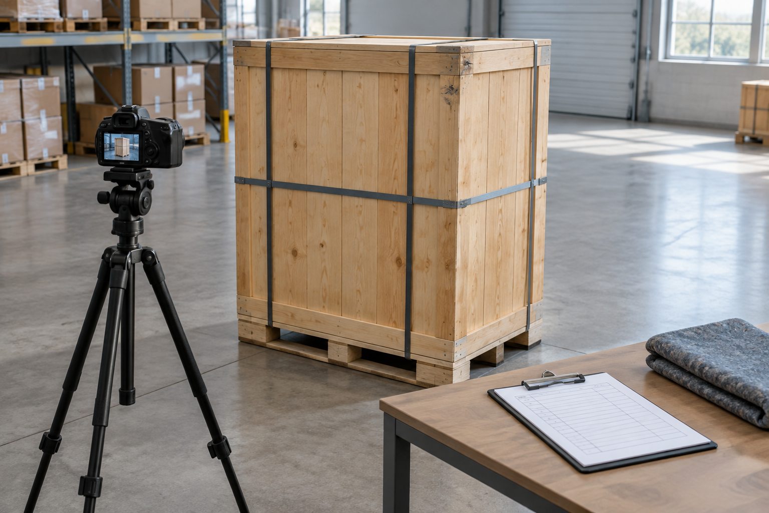 Inspect unopened timber crate and packing list before opening