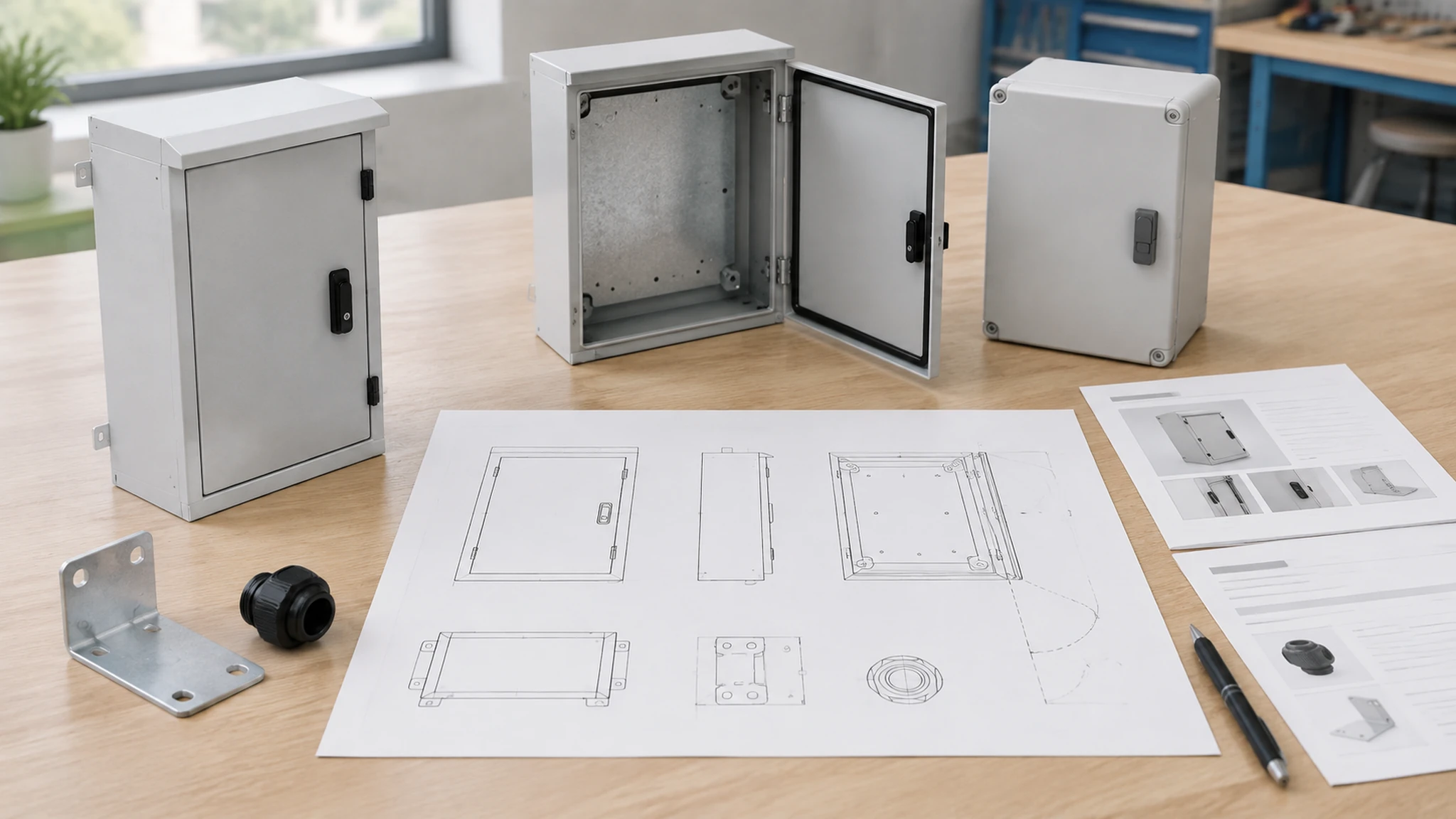 Enclosure RFQ layout drawing with component arrangement, mounting hardware, and supporting specification sheets.