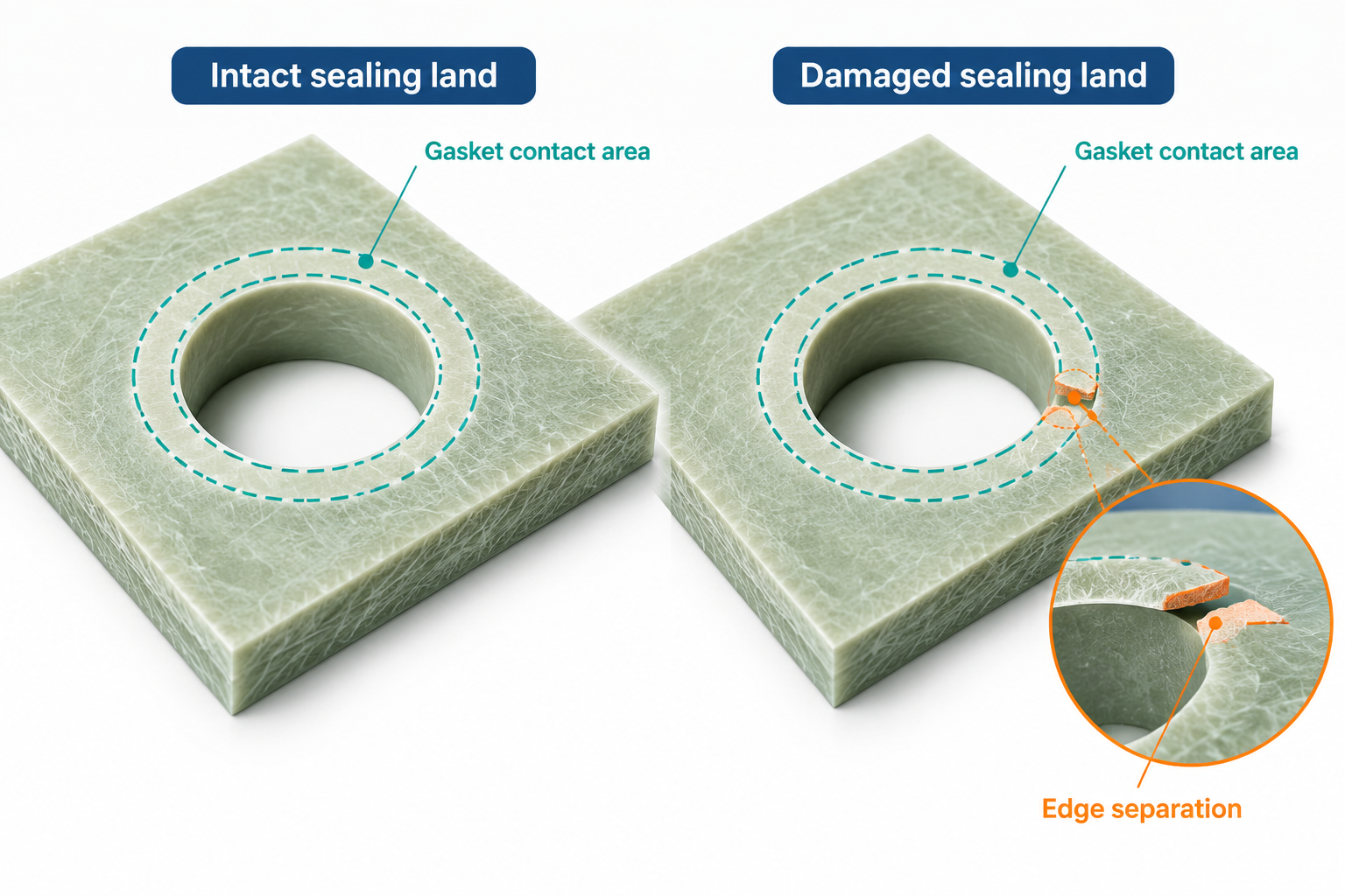 Two fiberglass cable-entry holes show an intact sealing land and a chipped edge extending into the gasket contact area.