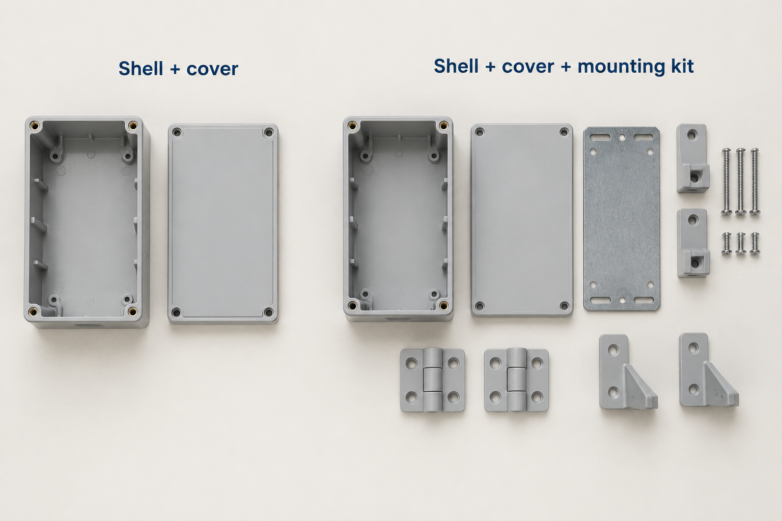 Two enclosure supply sets show a shell and cover alone beside a set with a steel mounting plate, hinges and brackets.