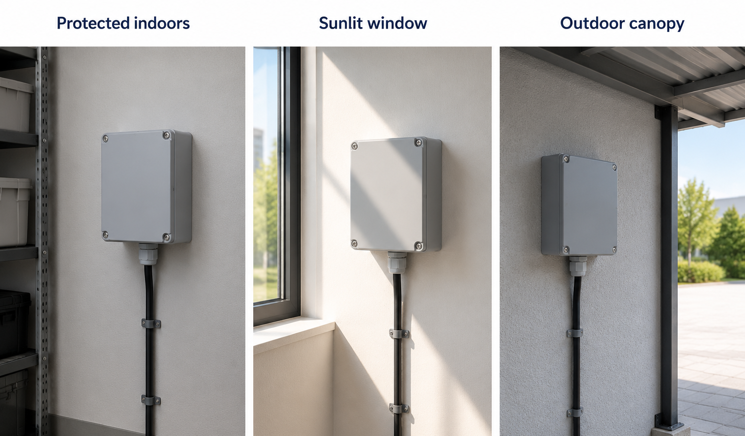 A wall-mounted enclosure is compared in a shaded indoor room, beside a sunlit window and beneath an outdoor canopy.