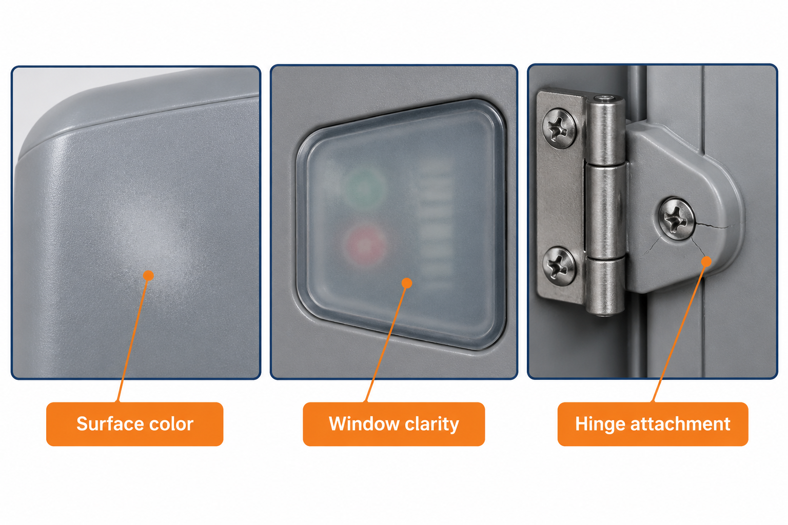 Three close-ups show a faded enclosure surface, a cloudy inspection window and cracks beside a hinge fixing.