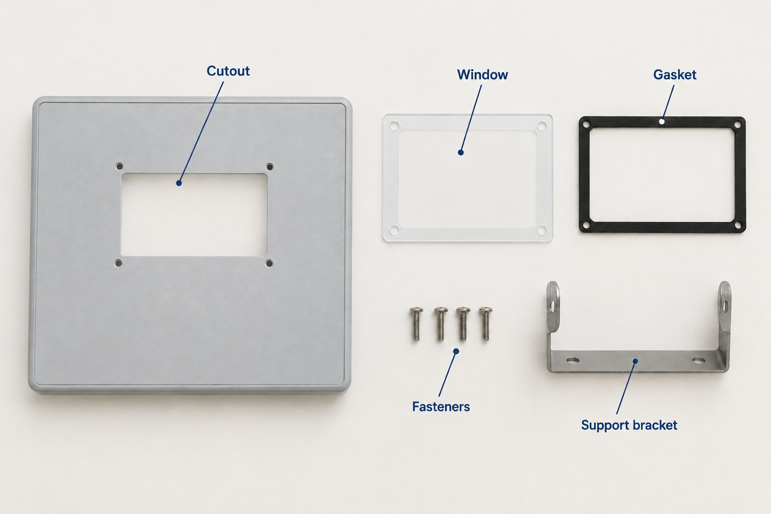 A cut enclosure panel sits beside a clear window, open frame gasket, four screws and a separate display support bracket.