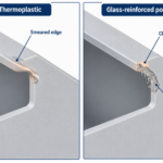 Enlarged cut edges contrast a smeared thermoplastic lip with chipping and exposed fibers in glass-reinforced polymer.