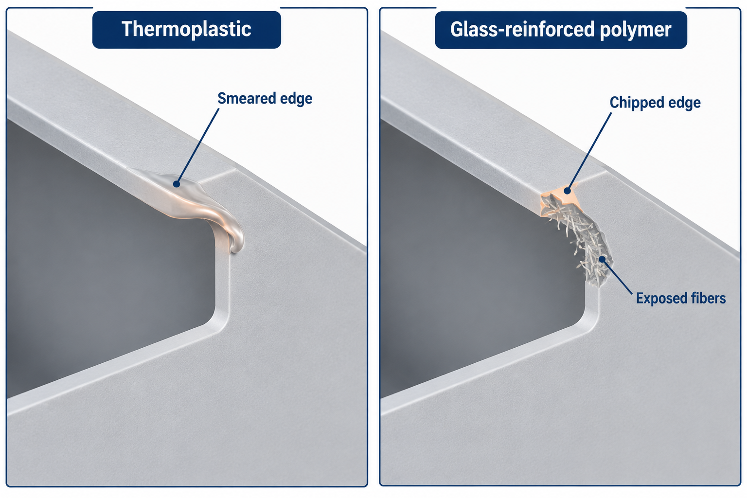Enlarged cut edges contrast a smeared thermoplastic lip with chipping and exposed fibers in glass-reinforced polymer.