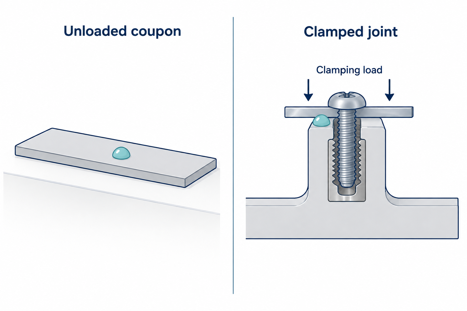 A plastic coupon with a liquid droplet is compared with a wetted mounting boss clamped by a screw and metal bracket.